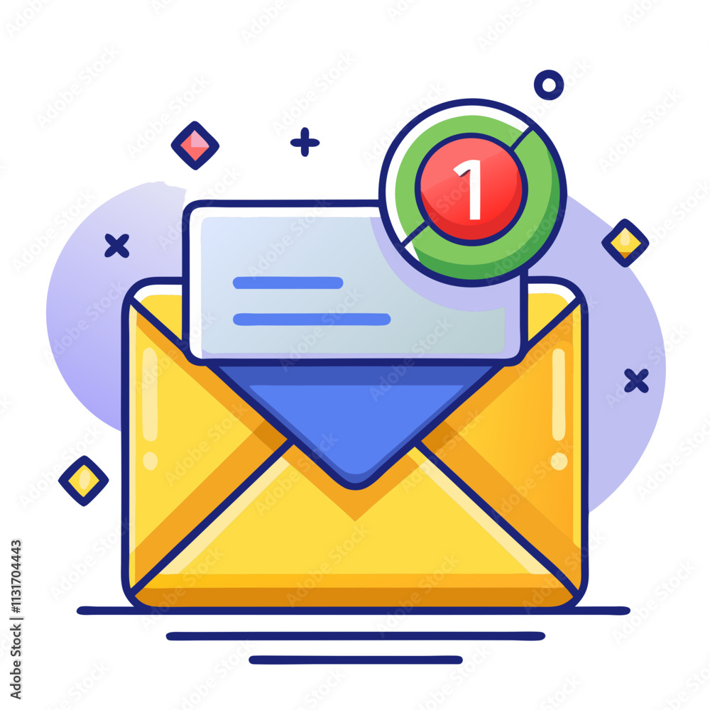 Poster closed yellow envelope with notification icon indicating one new message present in digital communic
