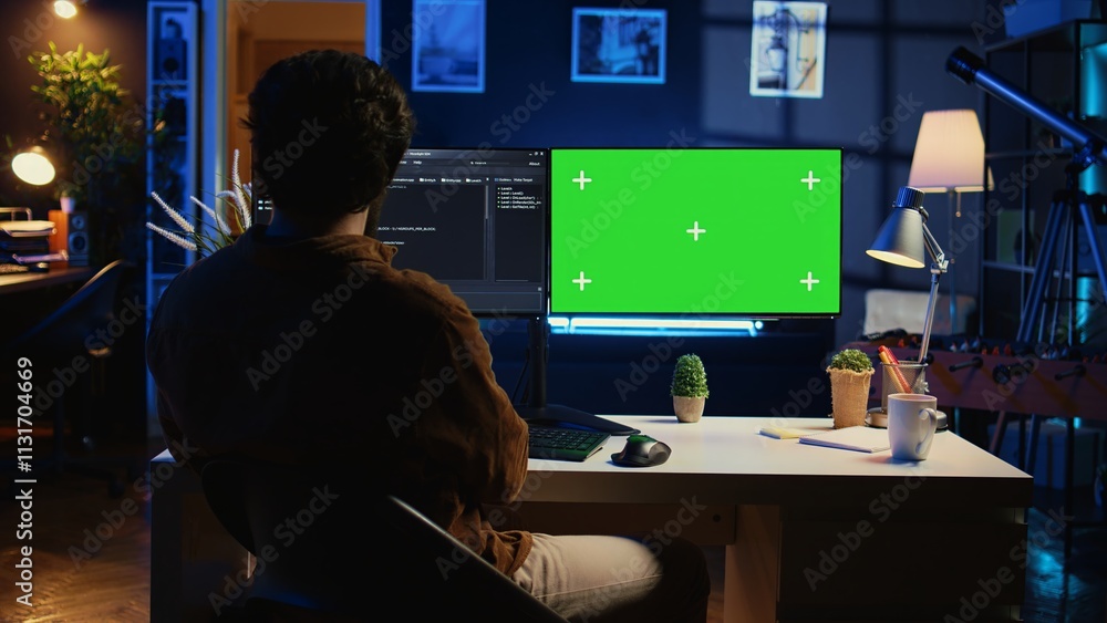 Poster self employed man doing it support job from apartment personal office, coding on green screen pc. so