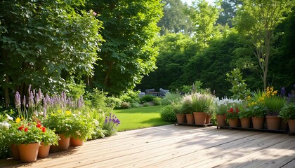 Sunlit wooden deck emerges from vibrant green park, inviting relaxation and nature exploration