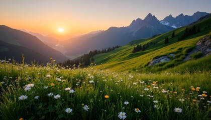 Vibrant wildflowers bloom on green hills under warm sunlight with a majestic mountain backdrop in a serene setting