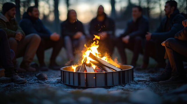 Friends gather around warm fire pit in winter evening. Sharing stories, laughter in circle. Intimate, friendly moment. Outdoor setting. Group of people sit around fire. Winter scene. Cozy atmosphere.
