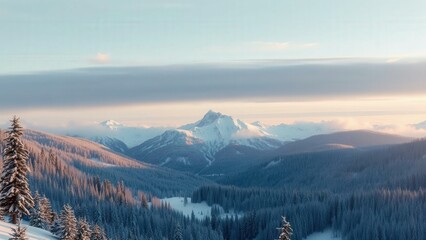 Obraz premium Winter Wonderland: Snow-Covered Mountains and Forest at Sunset, Perfect for Nature Lovers and Winter Sports Enthusiasts