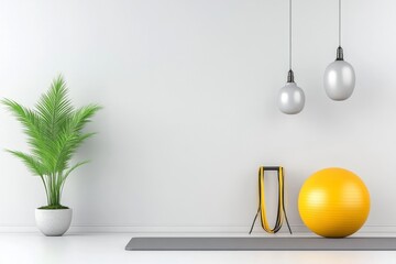 A 3D illustration of a home Pilates setup, featuring a mat, stability ball, and resistance bands arranged in a minimalist, stylish space