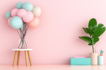 A 3D illustration of a self-esteem workshop setup with holographic affirmations floating above a table of tools for personal growth