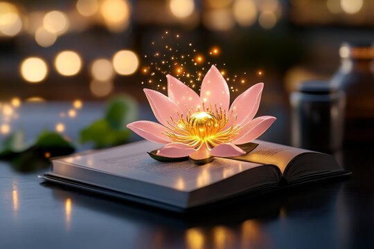 A 3D illustration of a self-esteem workshop setup with holographic affirmations floating above a table of tools for personal growth