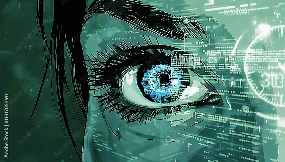 Poster stylized eye with overlaid data streams and clock