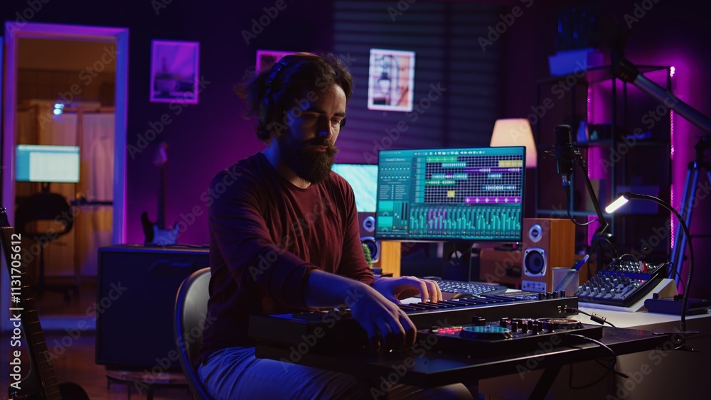 Poster Young artist composing a song on electronic piano keyboard at home recording studio. Audio engineer playing MIDI controller, working on producing a soundtrack, soundboard tools. Camera B.