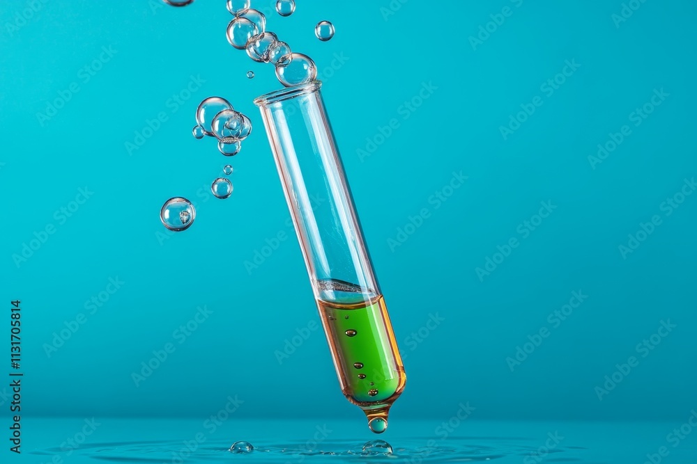 Poster a clean and modern design of a single test tube with bubbles rising from it, in neutral tones