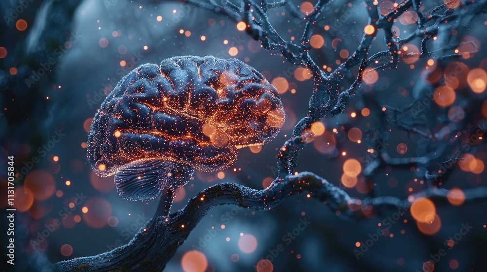 Poster 3d model of a brain nestled within a dark, wintry forest. abstract, glowing neural network structure