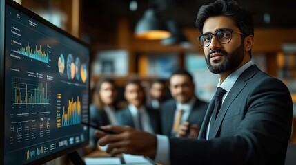 Confident South Asian business leader presents financial data to corporate partners in modern office. Leader uses interactive display to show growth, financial analysis. Meeting in progress. Group