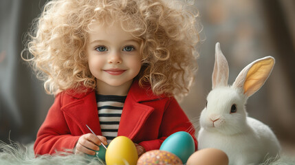 Little Girl Painting Easter Eggs with Bunny
