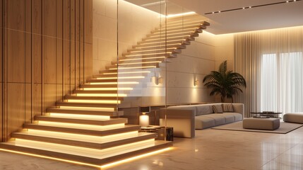 A luxury living room with floating wooden stairs, illuminated by subtle LED lights, and featuring a tempered glass balustrade, beige decor, wood panel walls, and a panoramic window
