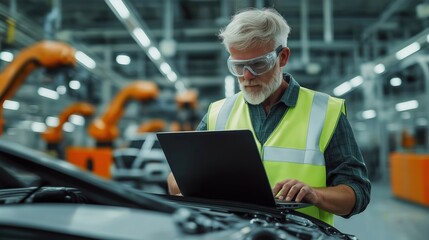 Engineer in high-vis vest works on laptop in auto factory. Robotic arms visible in background. Man checks vehicle production. Modern tech in industrial setting. Automated assembly line seen. Focus on