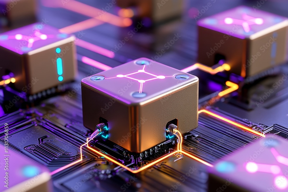 Aufkleber A detailed 3D illustration of an interconnected ERP network, with each module represented as a glowing cube linked by neon lines