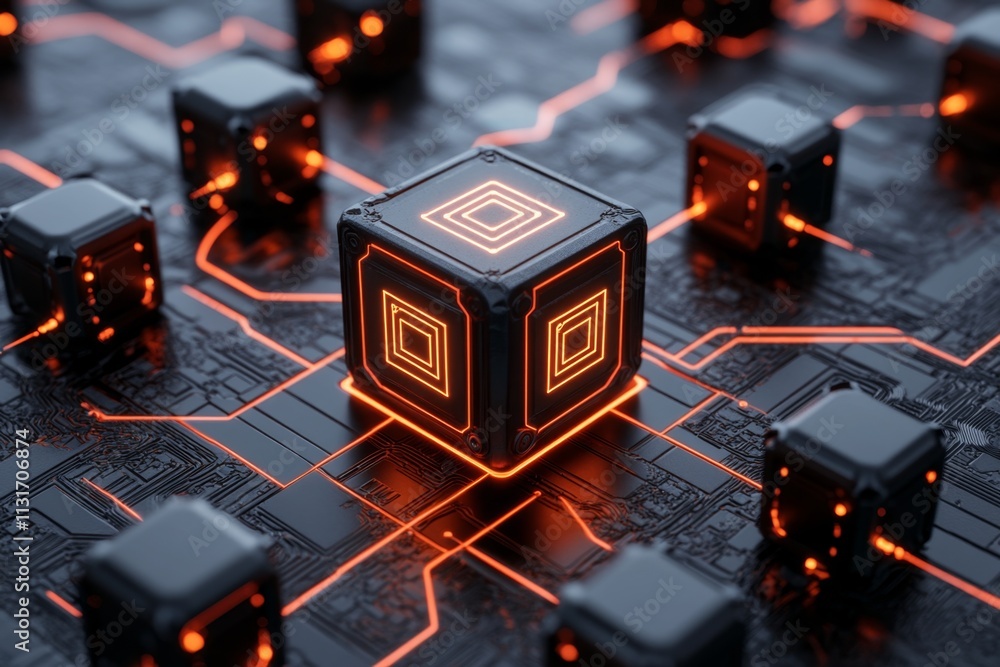 Poster A detailed 3D illustration of an interconnected ERP network, with each module represented as a glowing cube linked by neon lines
