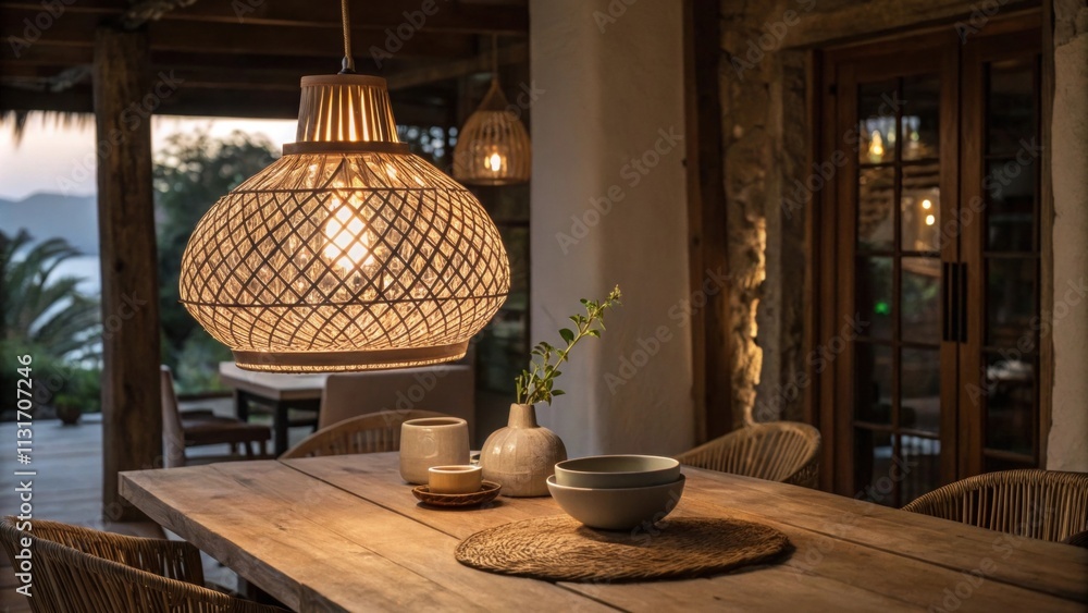 Aufkleber above the table hangs a stunning woven light fixture casting a warm glow throughout the room. its in