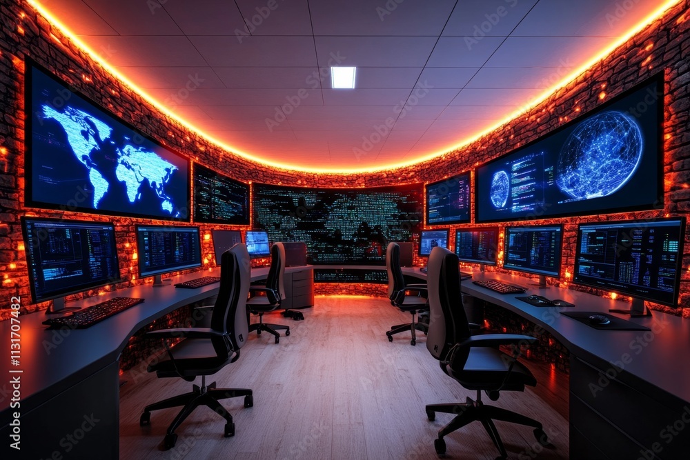 Poster A futuristic ERP control room featuring holographic screens displaying real-time analytics, interconnected processes, and glowing data streams