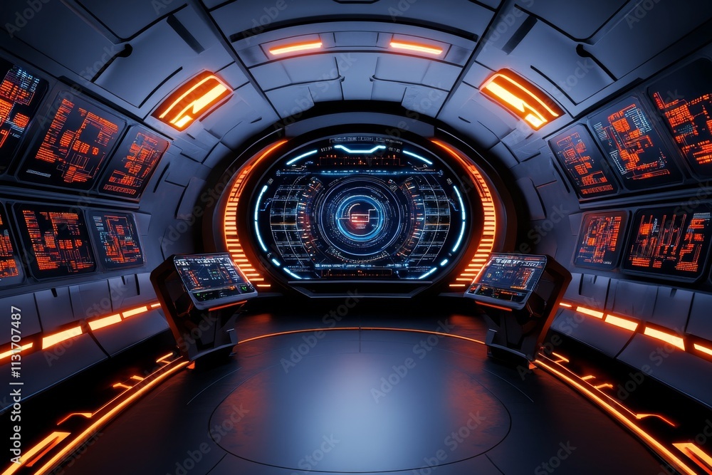 Aufkleber A futuristic ERP control room featuring holographic screens displaying real-time analytics, interconnected processes, and glowing data streams