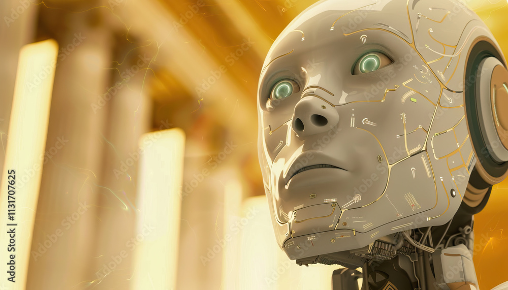 Poster humanoid robot head with circuitry and classical background