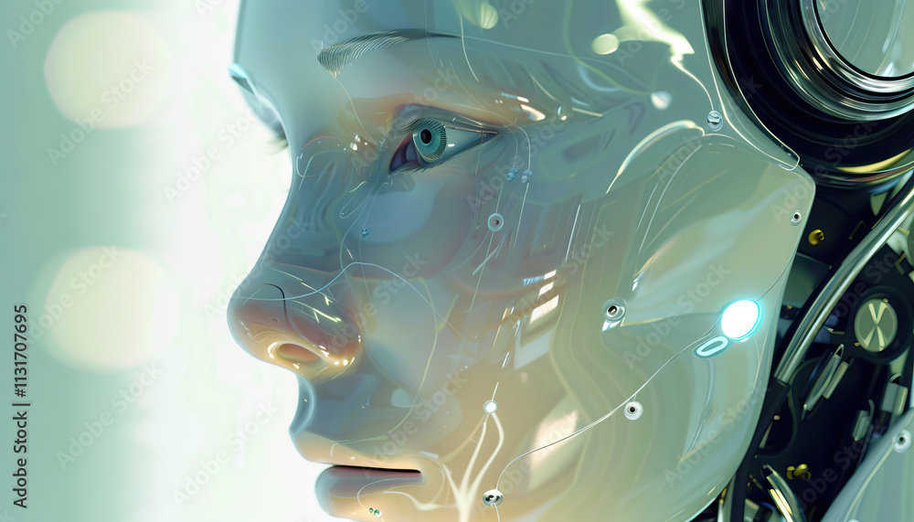 Poster profile view of a translucent robotic head with internal wiring