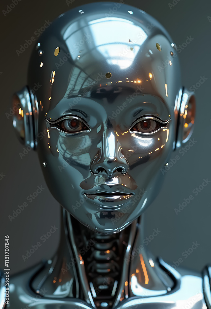 Poster futuristic metallic android head with reflective surface and intricate design