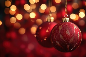 Red Christmas ornaments hang against festive bokeh background. Festive lights create warm ambiance. Elegant red balls with gold details add holiday charm. Focus on ornaments with out-of-focus lights