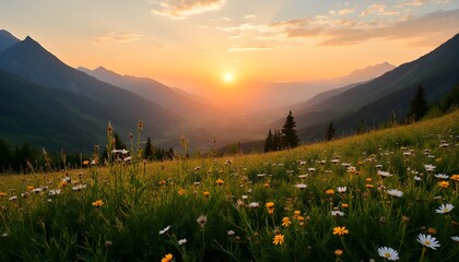 Vibrant wildflowers bloom on green hills under warm sunlight with a majestic mountain backdrop in a serene setting