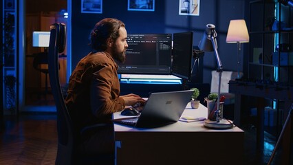 Developer pressed by deadline, drinking coffee and doing multitasking to finish developing PC code....