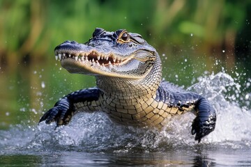 Fototapeta premium Alligator Emerging from Water at Sunset