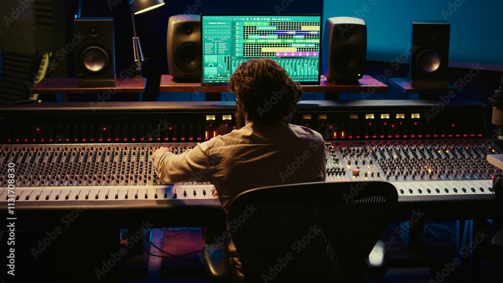 Poster music producer finishing a track with audio software and mixing console in control room, working wit