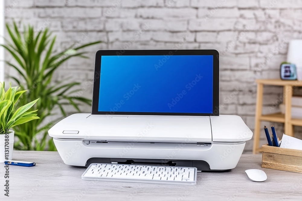 Poster A modern office printer connected to a computer displaying an EPS file being prepared for printing