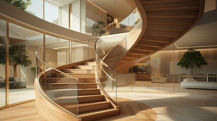 Curved wooden and glass staircase in a modern mansion, elegant and flowing design