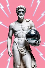 Obraz premium Marble antique man with discoball. Greek, roman male sculpture in sunglasses with party accessories. Creative playful composition