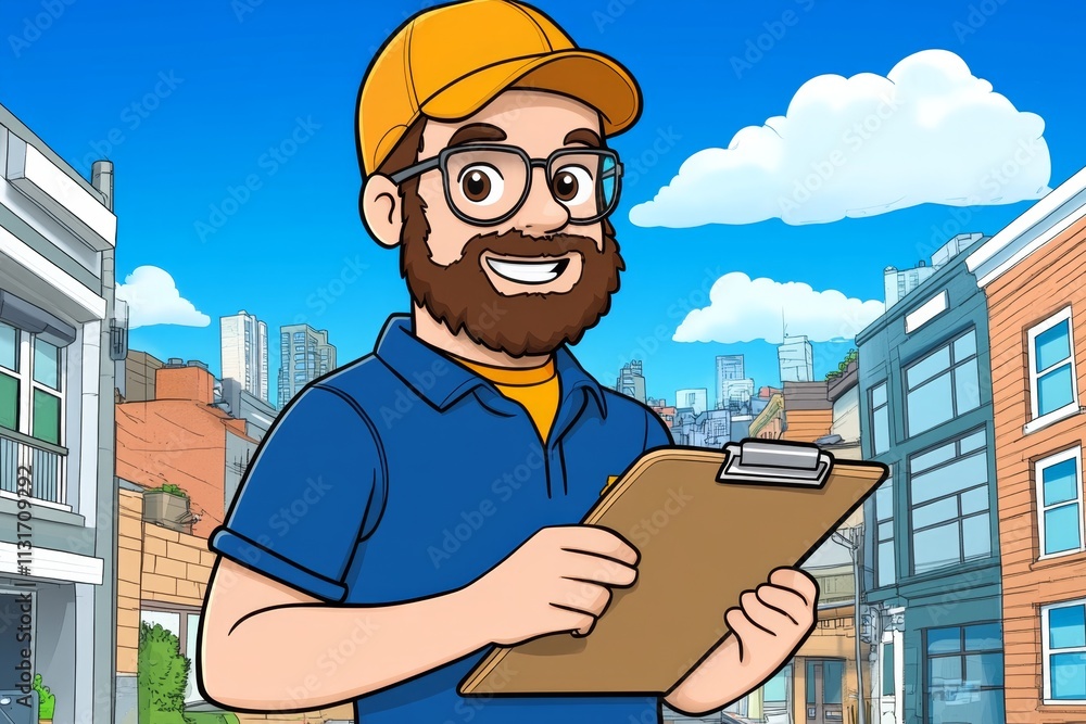 Poster a pixel art character holding a clipboard with a detailed estimate, set against a colorful cityscape