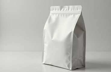 Blank white plastic food bag mockup isolated on white surface. Empty bag with zipper. Versatile design for product packaging. Possible uses include food storage, snack packaging, for brand marketing.