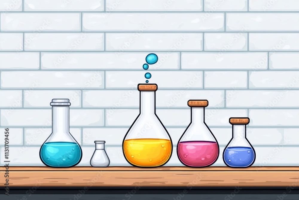 Poster A pixel art representation of a lab bench with animated bubbling flasks and colorful liquids, styled in retro game graphics