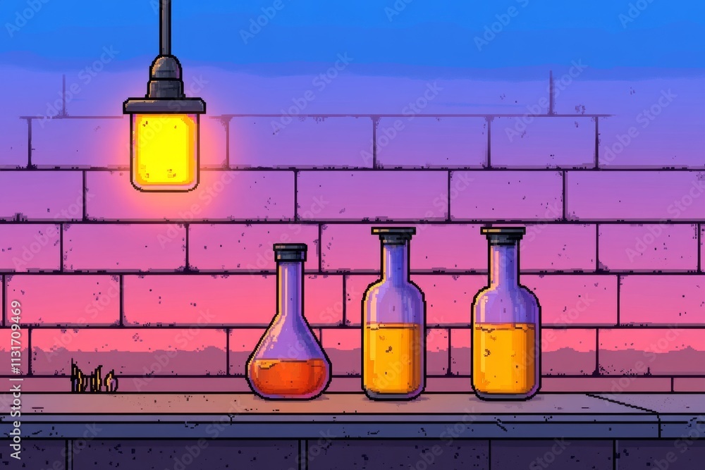Poster A pixel art representation of a lab bench with animated bubbling flasks and colorful liquids, styled in retro game graphics