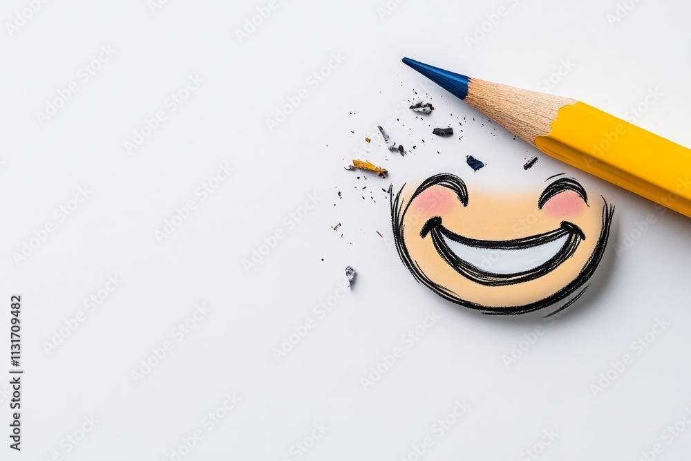 Poster a playful 2d illustration of a colorful eraser erasing a doodle of a smiling face, isolated on a bri