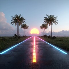 Fototapeta premium Serene Sunset Over Tropical Road with Palm Trees and Colorful Sky