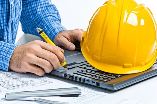 A project manager calculating risks and costs, with a laptop and taskboard behind them