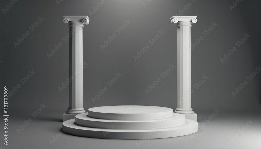 Aufkleber Ancient greek columns support empty round podium. Empty stage. Classic style. Blank platform. Elegant design. Possible use for product display. Versatile photo for different themes.