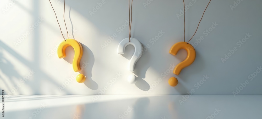Leinwandbilder three question marks hang from ceiling. colorful question marks. modern design. simple composition. 