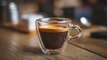 Fototapeta premium Glass cup of espresso coffee on table close-up
