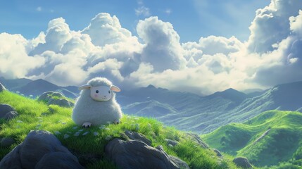 Fototapeta premium Cute Sheep on a Green Hillside Overlooking Mountains
