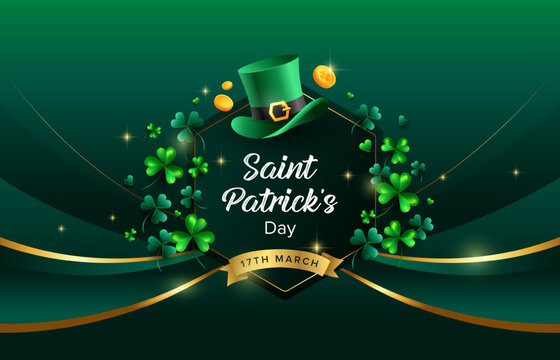 St Patrick’s Day background design with curve gold and green strap. Leprechaun hat, shamrock, gold coins on green background. Vector illustration design template. 