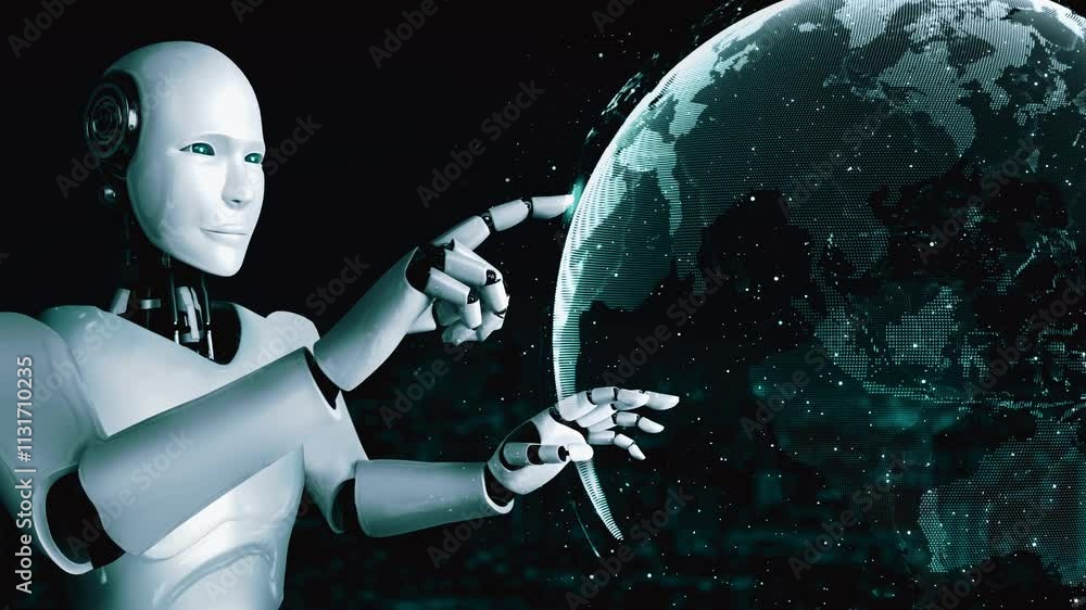 Poster ai hominoid robot touching hologram screen shows concept of global communication network using artif