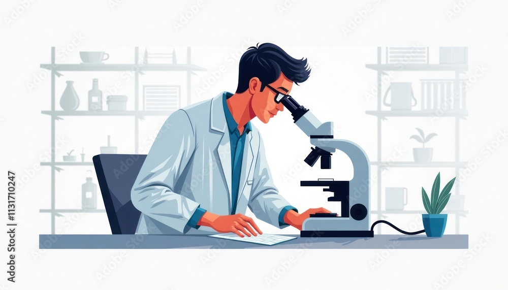Poster scientist focuses on microscope in modern lab. focused person examines sample. research takes place 