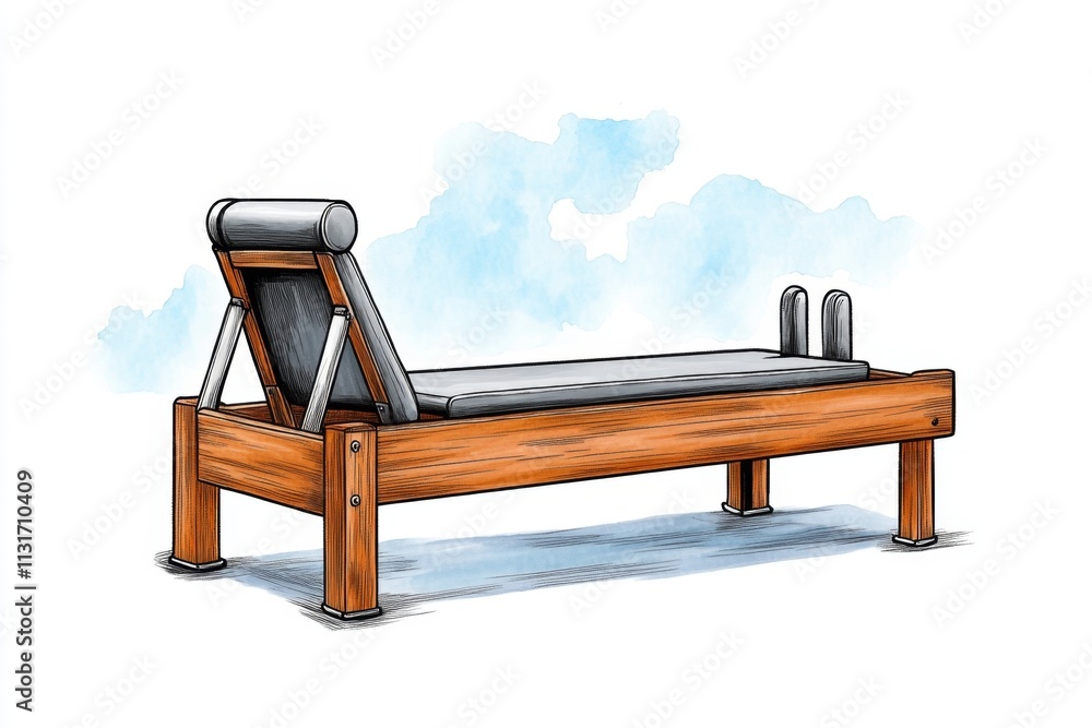 Poster a simple and elegant depiction of a pilates reformer machine, drawn with clean lines and soft pastel