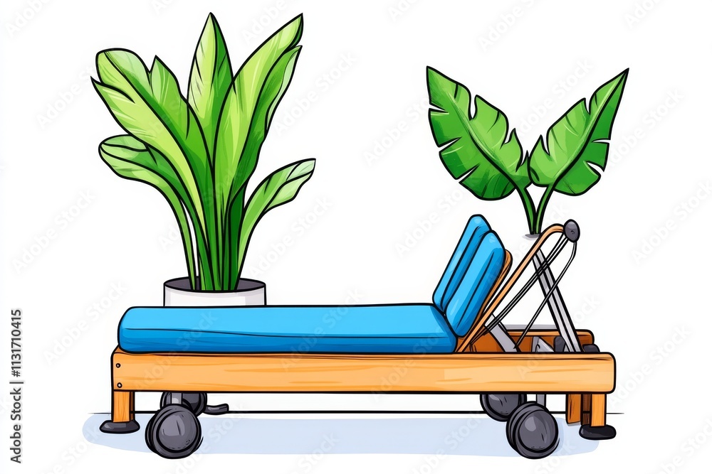 Poster a simple and elegant depiction of a pilates reformer machine, drawn with clean lines and soft pastel
