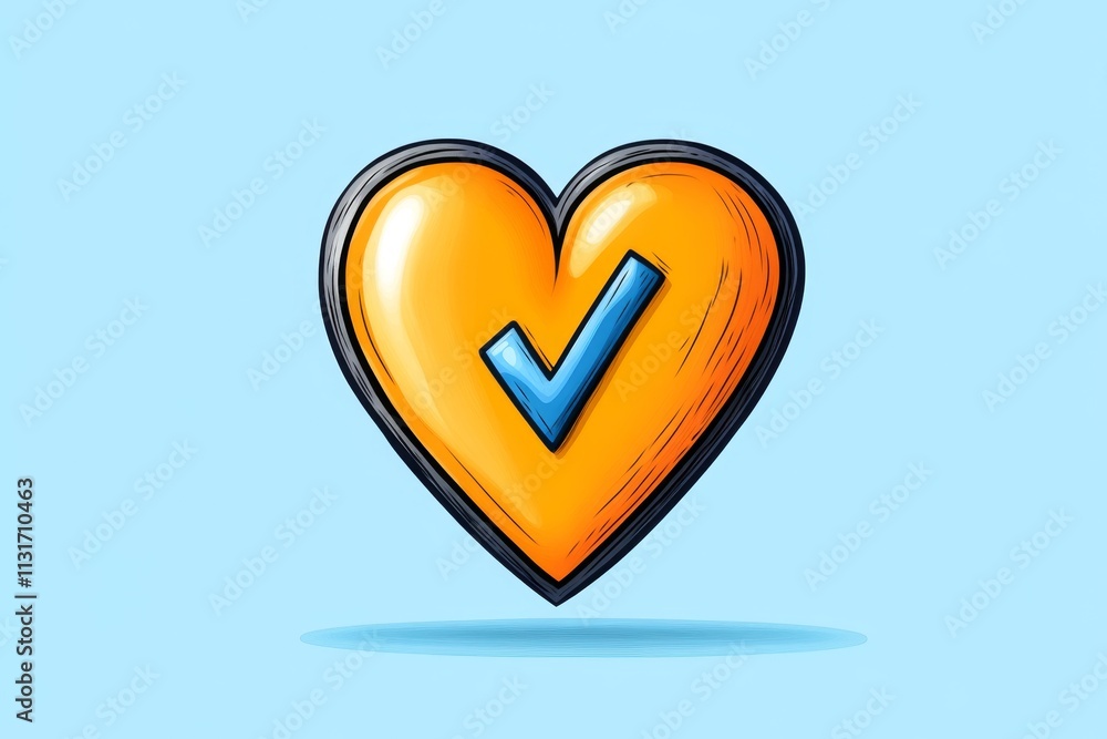 Poster A simple icon of a heart with a checkmark inside it, representing self-approval and self-esteem in clean lines and pastel colors